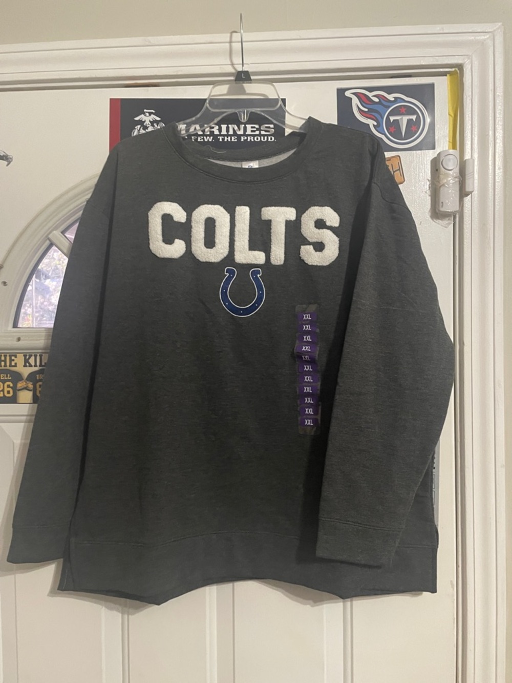 NFL Colts Dark Gray Crewneck Sweatshirt with White Lettering and Blue Logo